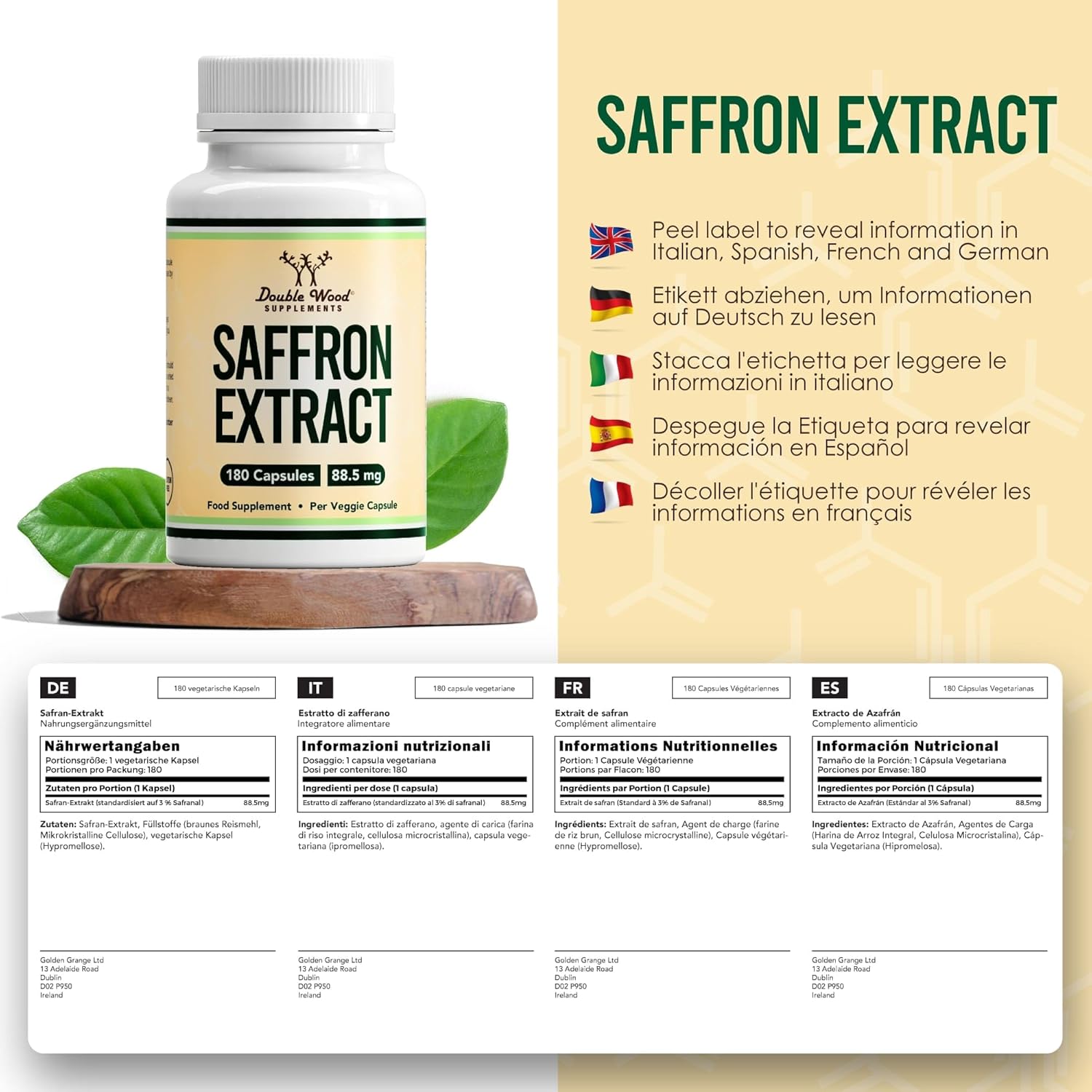 Double Wood Saffron Supplement | 180 Saffron Capsules - 88.5mg Saffron Extract per Serving | High Strength Saffron | Non-GMO & Gluten Free | Manufactured in The UK-1