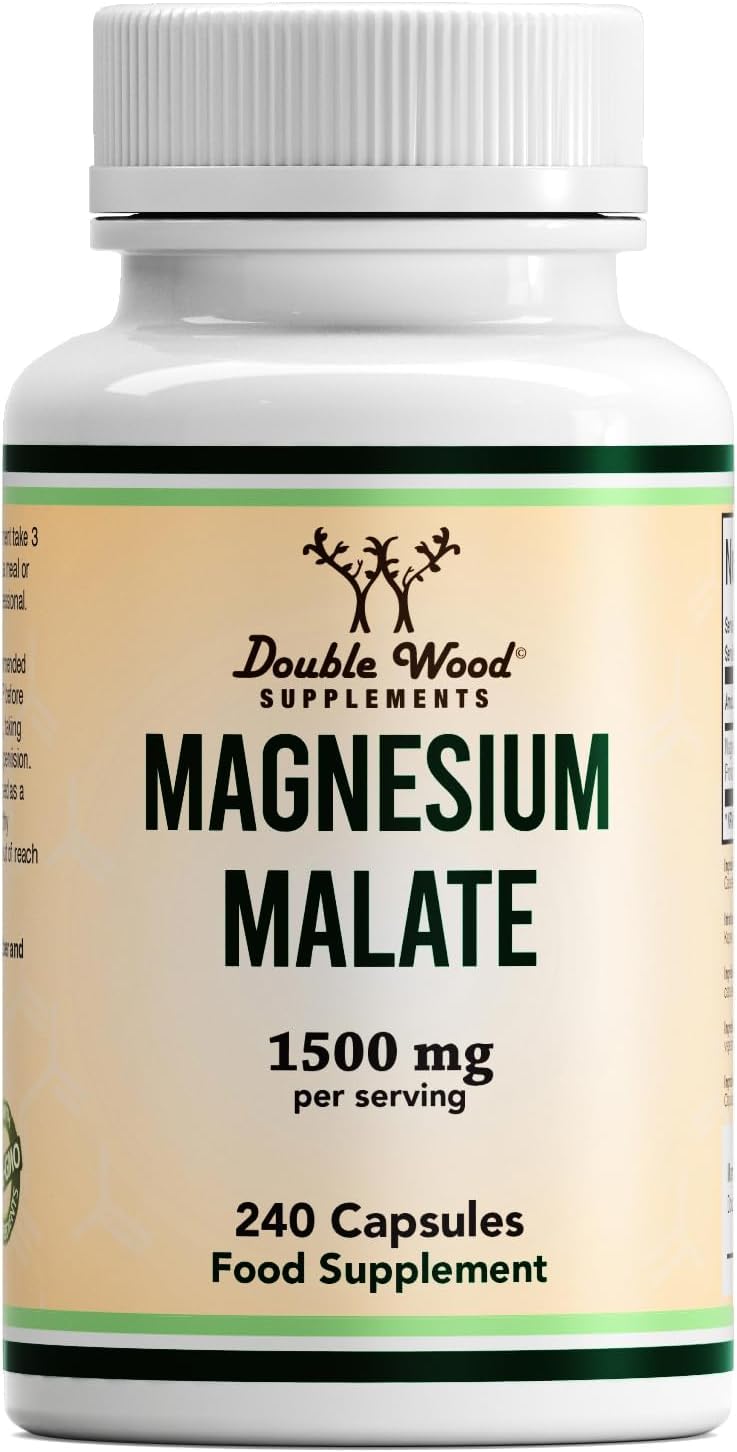 Double Wood Magnesium Malate Capsules | 240 High Strength Magnesium Malate Supplements - 1500mg Malate per Serving | Non-GMO & Gluten Free | Manufactured in The UK-0