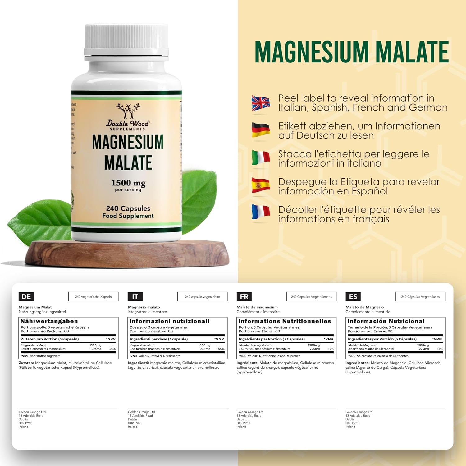 Double Wood Magnesium Malate Capsules | 240 High Strength Magnesium Malate Supplements - 1500mg Malate per Serving | Non-GMO & Gluten Free | Manufactured in The UK-1