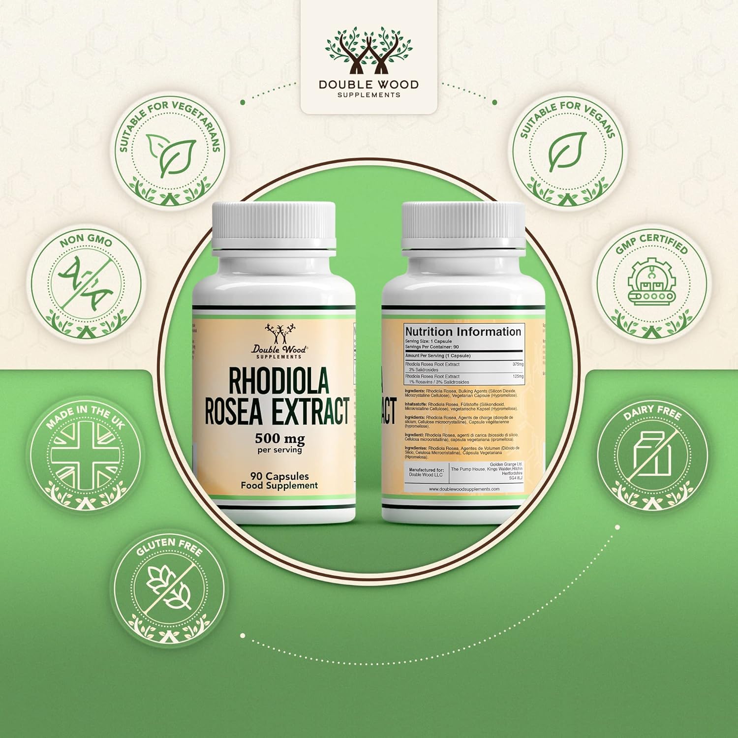 Double Wood Rhodiola Rosea | 90 Rhodiola Rosea Complex - 500mg Rhodiola - Rosea per Serving | High Strength Rosea Supplement | Non-GMO, Gluten Free | Manufactured in The UK-5