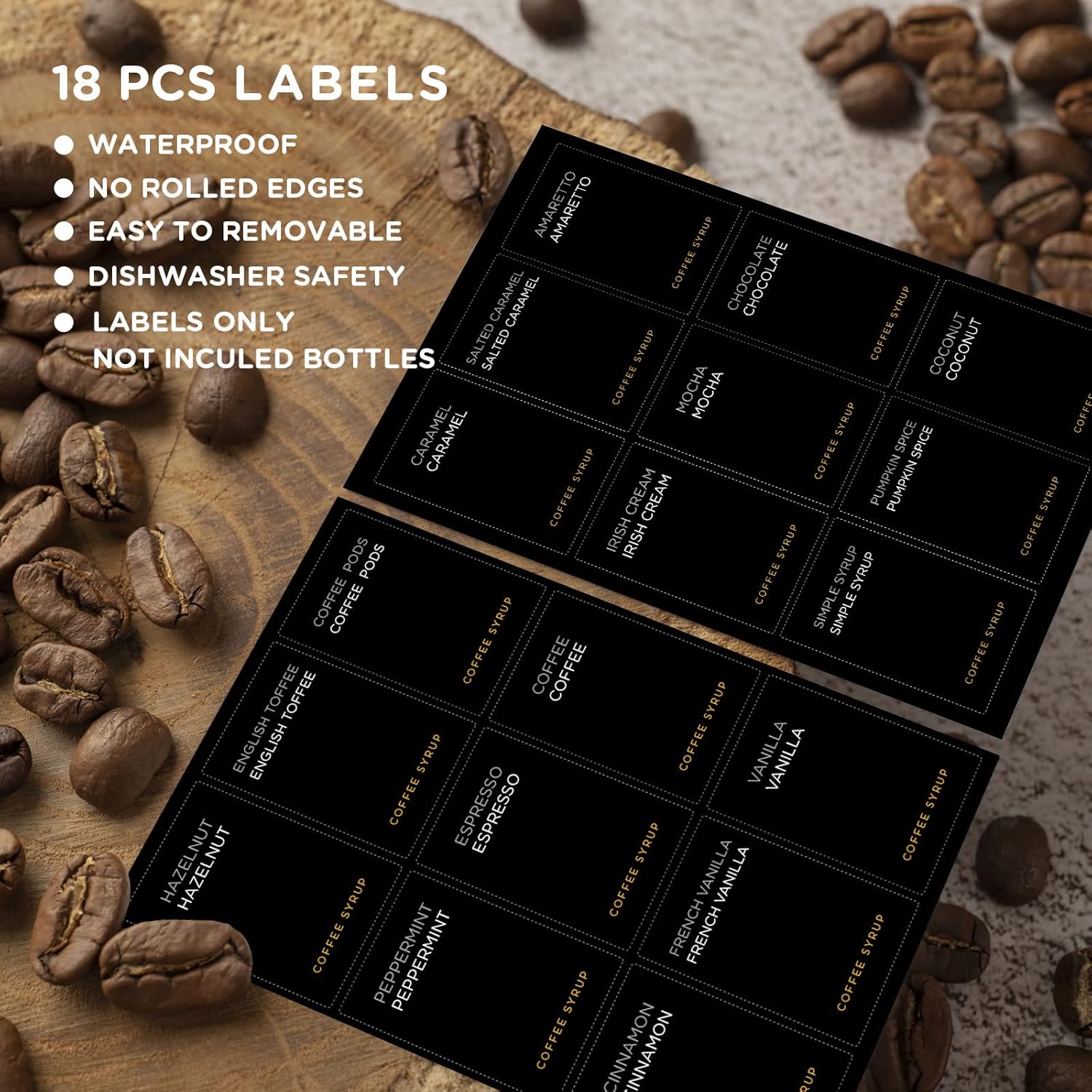 Joyfulmap Coffee Syrup Labels for Caramel,Vanilla,Mocha Classic Bottles, Minimalist bar Espresso Bean, Chocolate, Mint Pre-Printed Stickers, Flushable Waterproof and Oil-Proof(Black)-2