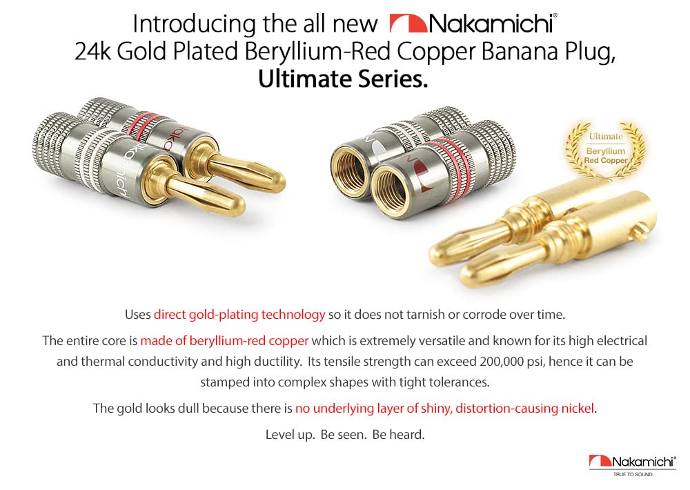 Nakamichi Ultimate Series 24k Gold Plated Beryllium Red Copper Banana Plug 12 AWG - 18 AWG Gauge Size 4mm for Speakers Amplifier Hi-Fi Stereo Receiver Audio Wire Cable Connector 48 Pcs (24-Pairs)-1