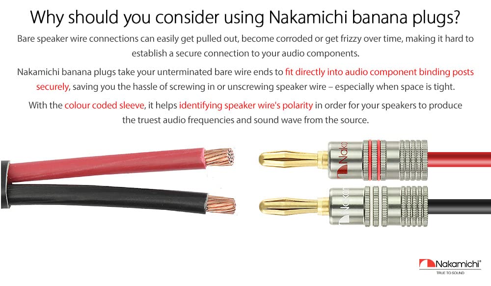 Nakamichi Ultimate Series 24k Gold Plated Beryllium Red Copper Banana Plug 12 AWG - 18 AWG Gauge Size 4mm for Speakers Amplifier Hi-Fi Stereo Receiver Audio Wire Cable Connector 48 Pcs (24-Pairs)-2