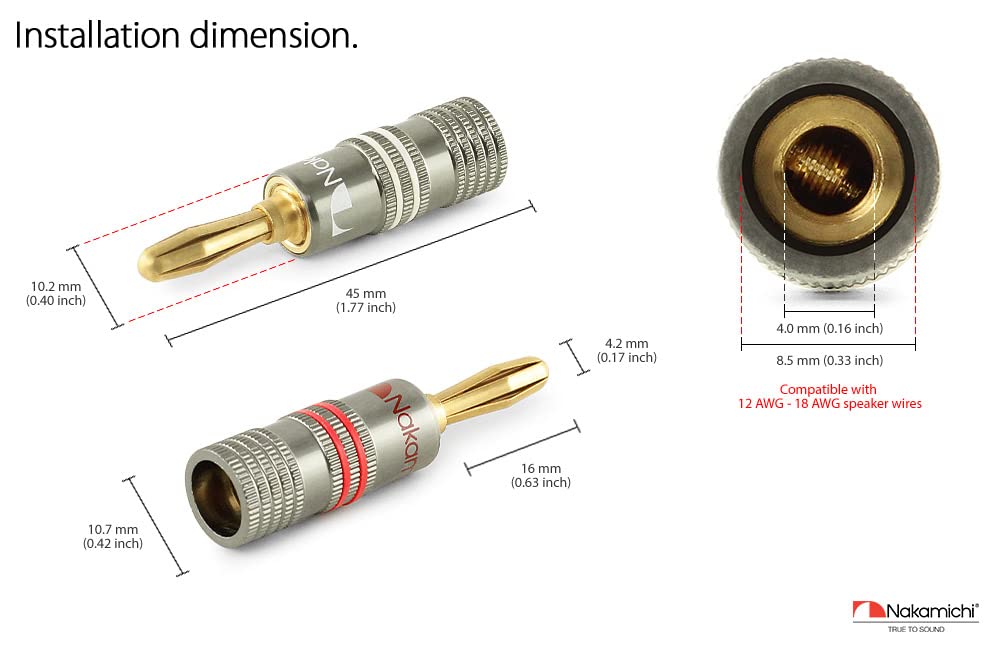 Nakamichi Ultimate Series 24k Gold Plated Beryllium Red Copper Banana Plug 12 AWG - 18 AWG Gauge Size 4mm for Speakers Amplifier Hi-Fi Stereo Receiver Audio Wire Cable Connector 48 Pcs (24-Pairs)-5