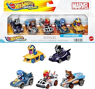 Hot Wheels RacerVerse, Set of 5 Die-Cast Marvel Toy Cars Optimized for Hot Wheels Track Performance with Popular Marvel Characters as Drivers, Gift for Kids & Collectors, HPN40