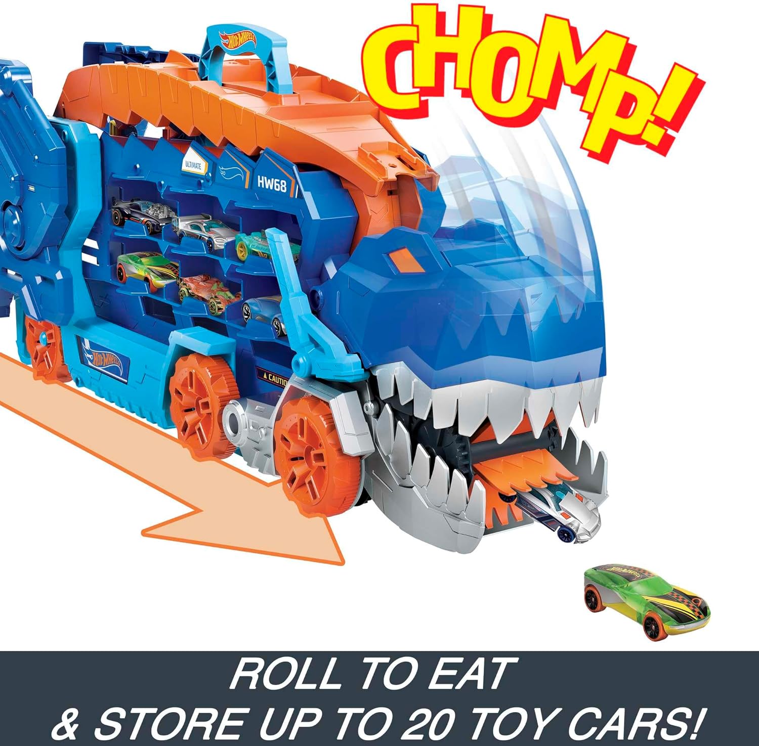 Hot Wheels Let's Race Netflix - City Ultimate Hauler, Transforms into Stomping T-Rex with Race Track, Lights and Sounds, Toy Storage for 20+ 1:64 Scale Cars, HNG50-2