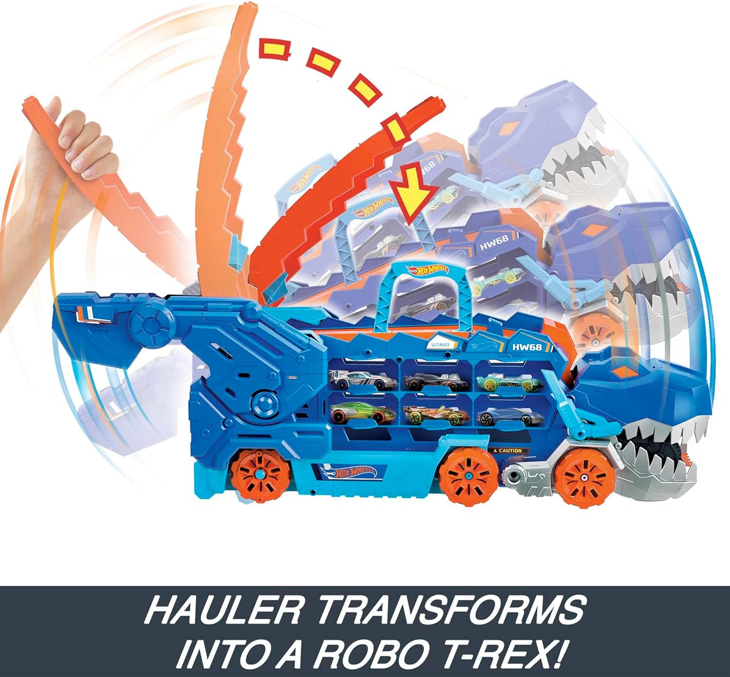 Hot Wheels Let's Race Netflix - City Ultimate Hauler, Transforms into Stomping T-Rex with Race Track, Lights and Sounds, Toy Storage for 20+ 1:64 Scale Cars, HNG50-3