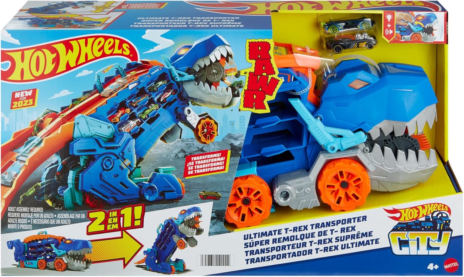 Hot Wheels Let's Race Netflix - City Ultimate Hauler, Transforms into Stomping T-Rex with Race Track, Lights and Sounds, Toy Storage for 20+ 1:64 Scale Cars, HNG50-5