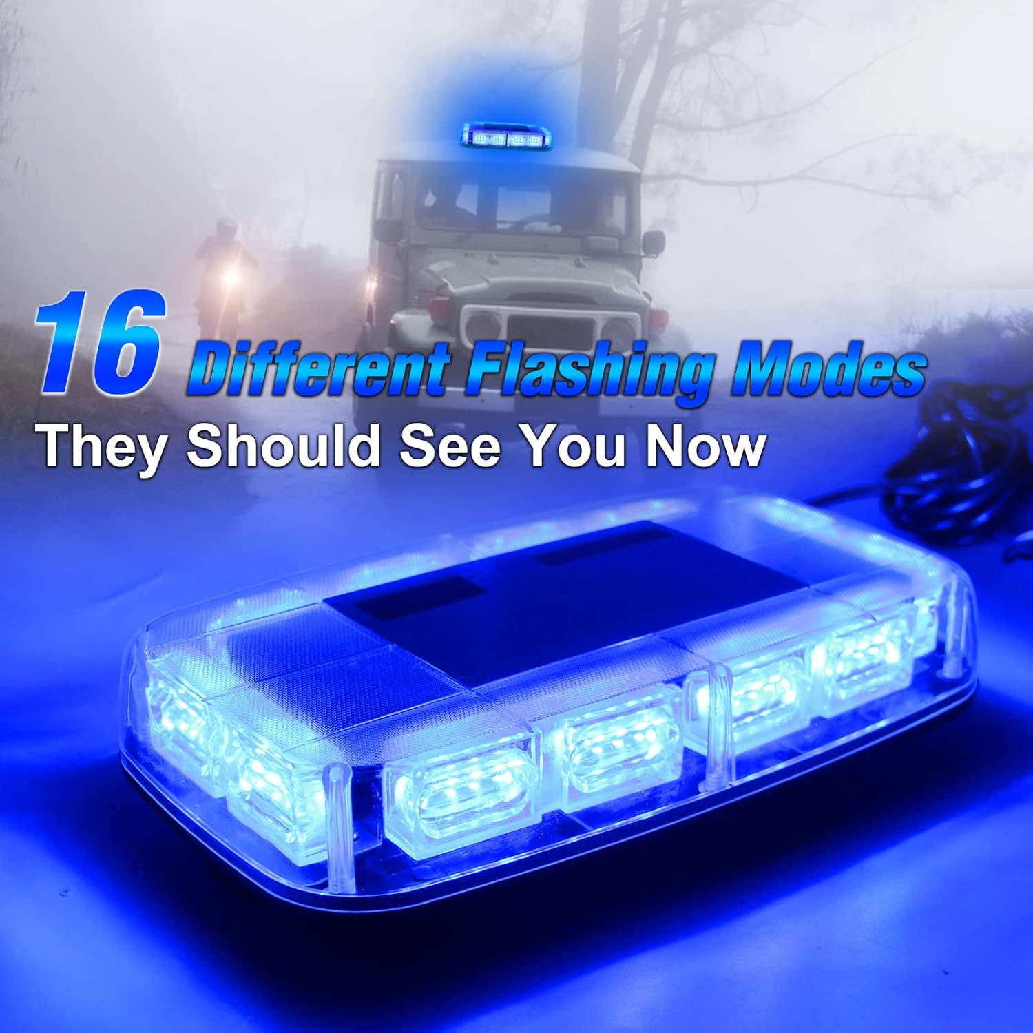 I LITTON Blue Flashing Beacon Light, 48-LED Blue Strobe Light with Magnetic Base, 16 Modes Car Roof Light LED Warning Light Bar LED Emergency Strobe Light for Trucks Snowplow Farm Vehicles-2