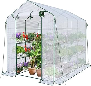 VOUNOT Walk In Greenhouse with Shelves, PVC Green House, Plastic Plant House, Grow House for Garden & Outdoor, White 143x215x195cm