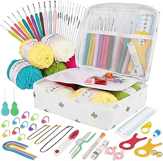 YINVA Crochet Kits Crochet Hooks Set for Beginners Adults Knitting Kit Ergonomic Metal Crochet Hooks Knitting Accessories Tools Crochet Wool Yarn Storage Case Needles Crochet Starter Kit