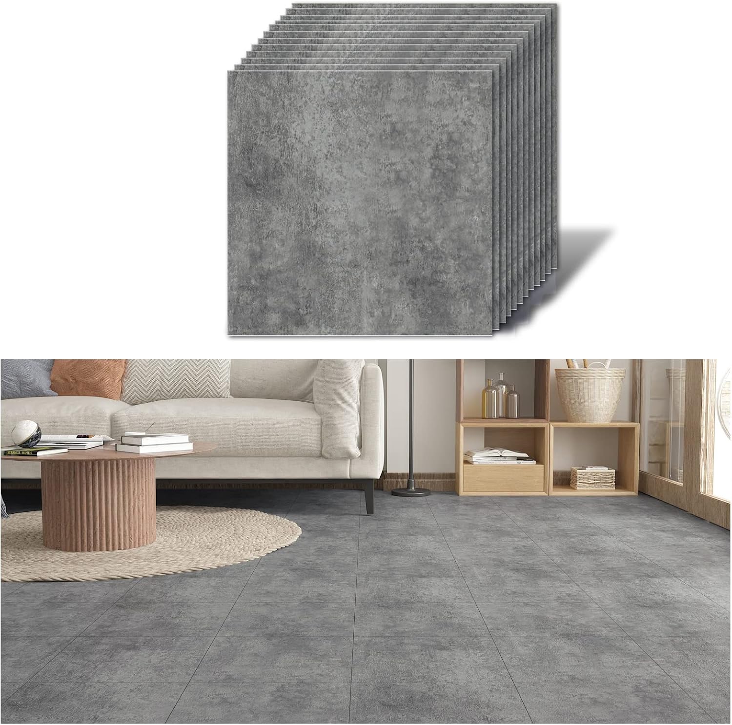 VEELIKE Grey Vinyl Flooring Self Adhesive Floor Tiles Bathroom Waterproof Vinyl Tiles Kitchen Stick on Floor Tiles Concrete Effect Flooring Bedroom Tile Stickers Thicken 1.5mm 30cm x 30cm 12 Pieces-0