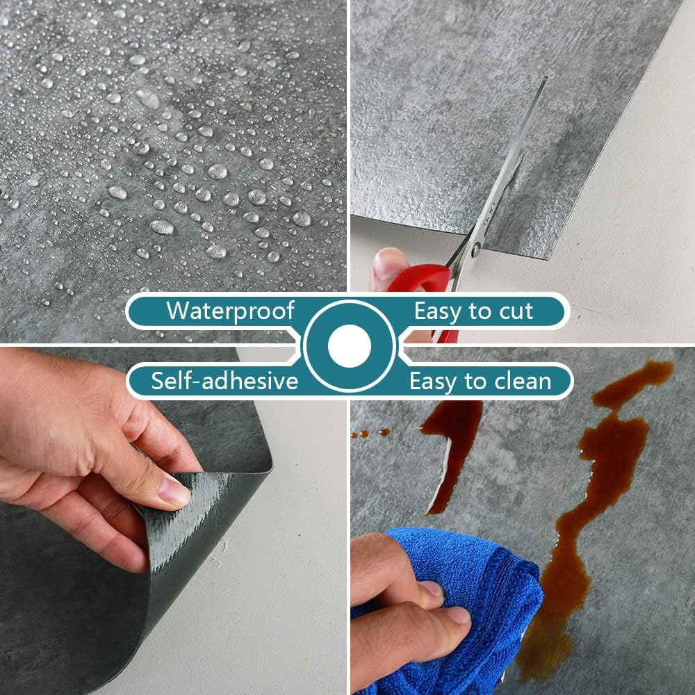 VEELIKE Grey Vinyl Flooring Self Adhesive Floor Tiles Bathroom Waterproof Vinyl Tiles Kitchen Stick on Floor Tiles Concrete Effect Flooring Bedroom Tile Stickers Thicken 1.5mm 30cm x 30cm 12 Pieces-6