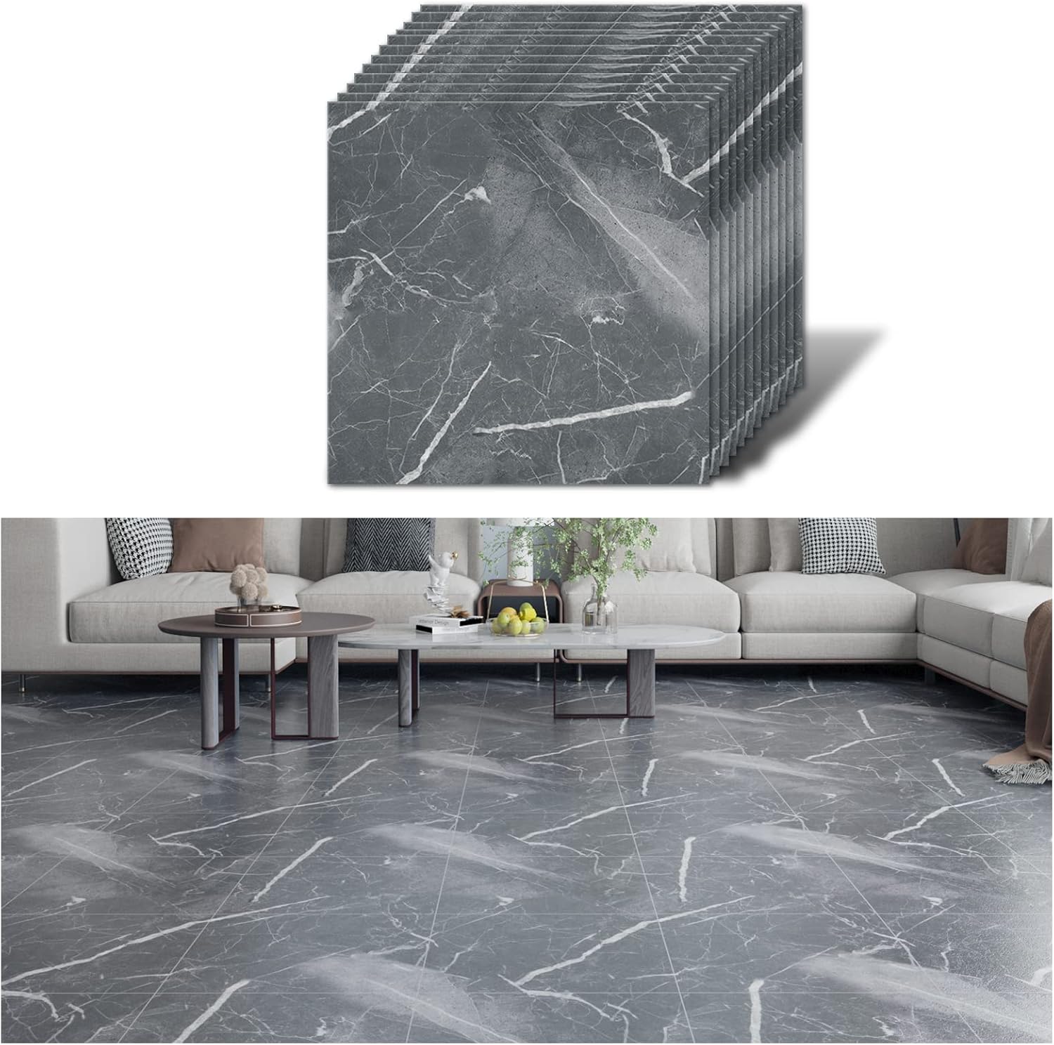 VEELIKE Grey Marble Floor Tiles Self Adhesive Vinyl Flooring Tiles Stick on Tiles Kitchen Floor Stickers for Bathroom Waterproof Wall Tile Stickers Hallway Garage Thicken 1.5mm 30cm x 30cm 12 Pieces-0