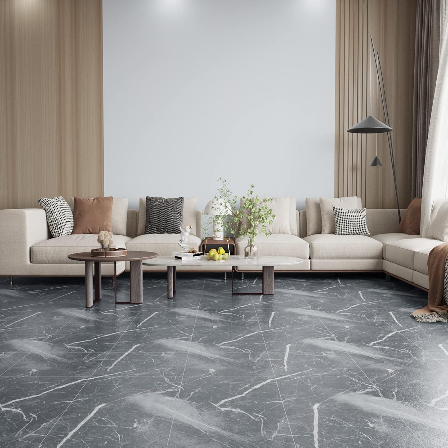 VEELIKE Grey Marble Floor Tiles Self Adhesive Vinyl Flooring Tiles Stick on Tiles Kitchen Floor Stickers for Bathroom Waterproof Wall Tile Stickers Hallway Garage Thicken 1.5mm 30cm x 30cm 12 Pieces-2