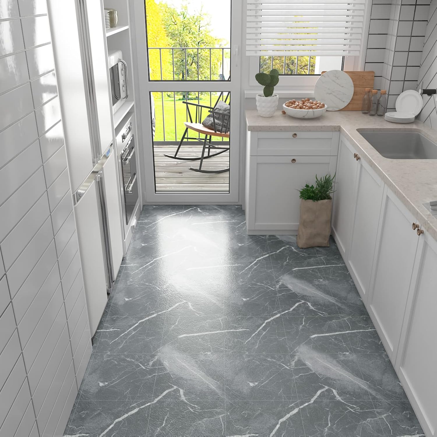 VEELIKE Grey Marble Floor Tiles Self Adhesive Vinyl Flooring Tiles Stick on Tiles Kitchen Floor Stickers for Bathroom Waterproof Wall Tile Stickers Hallway Garage Thicken 1.5mm 30cm x 30cm 12 Pieces-3