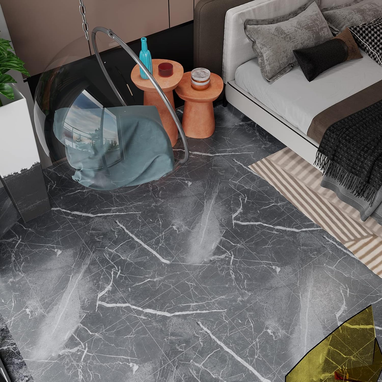 VEELIKE Grey Marble Floor Tiles Self Adhesive Vinyl Flooring Tiles Stick on Tiles Kitchen Floor Stickers for Bathroom Waterproof Wall Tile Stickers Hallway Garage Thicken 1.5mm 30cm x 30cm 12 Pieces-4