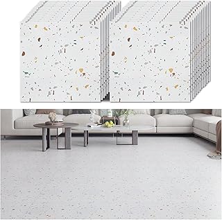 VEELIKE White Vinyl Flooring Peel and Stick Floor Tiles Terrazzo Tile Stickers Waterproof Kitchen Flooring Self Adhesive Floor Planks Bathroom Flooring Vinyl Living Room Non-Slip 30cm x 30cm 24 Pieces