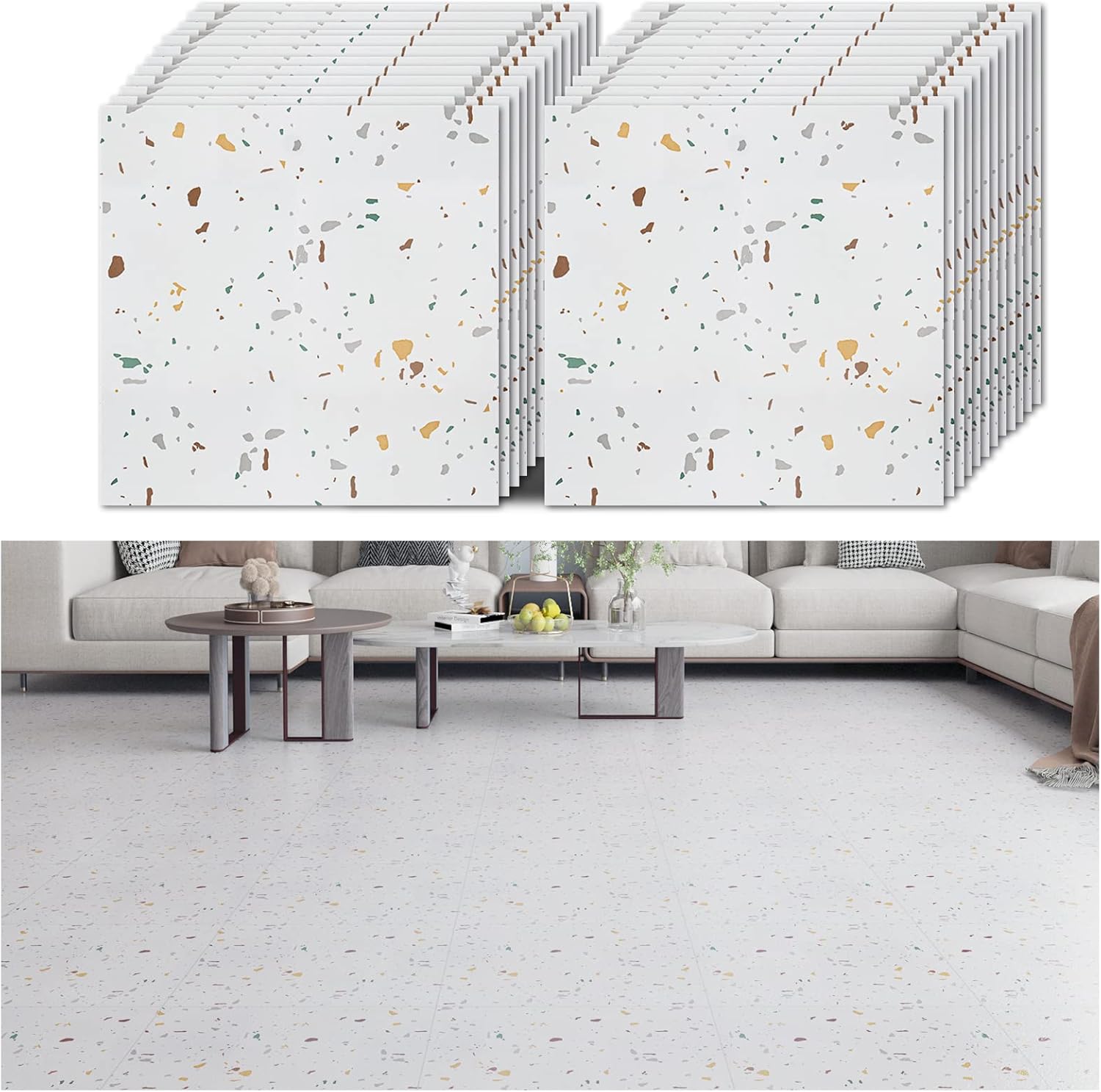 VEELIKE White Vinyl Flooring Peel and Stick Floor Tiles Terrazzo Tile Stickers Waterproof Kitchen Flooring Self Adhesive Floor Planks Bathroom Flooring Vinyl Living Room Non-Slip 30cm x 30cm 24 Pieces-0