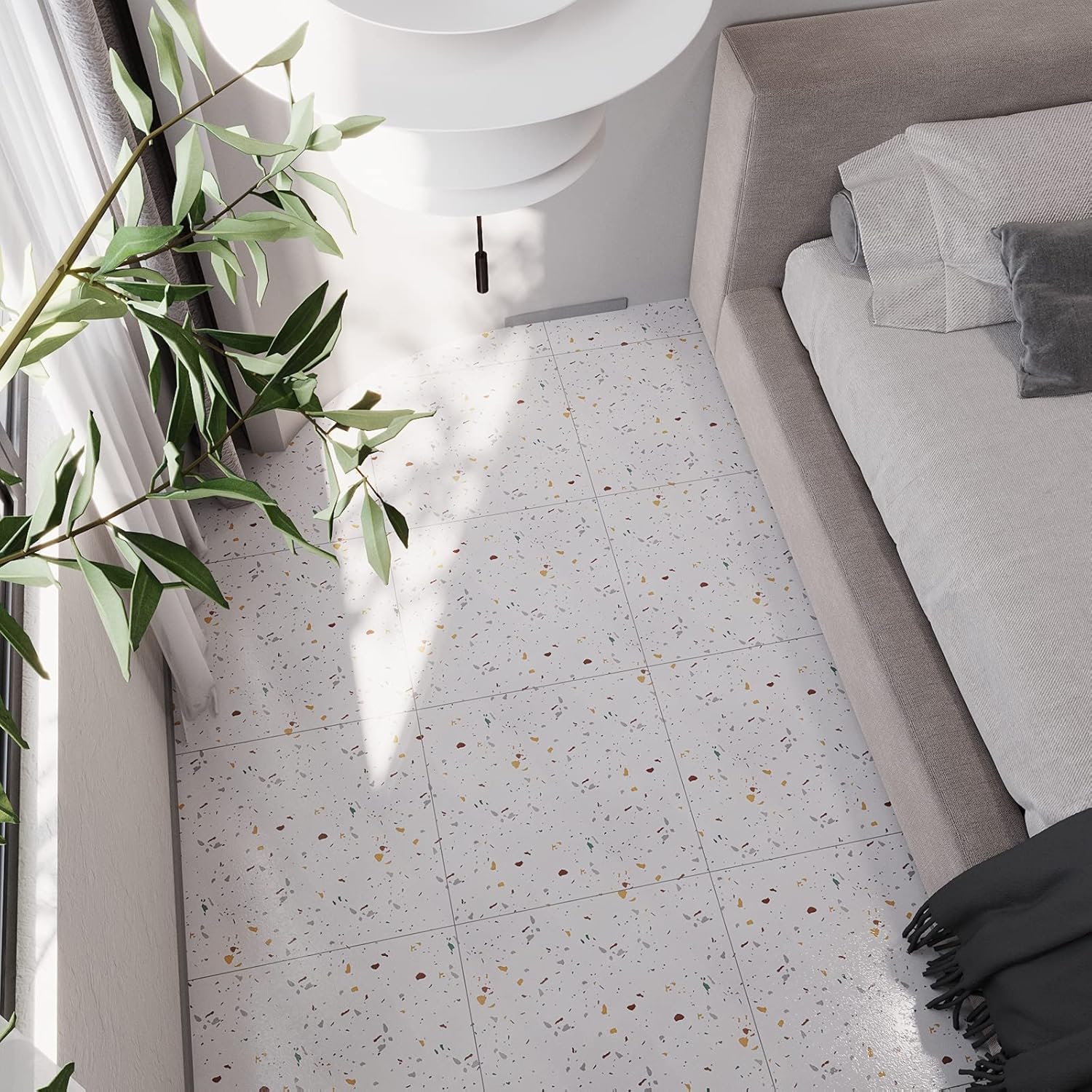 VEELIKE White Vinyl Flooring Peel and Stick Floor Tiles Terrazzo Tile Stickers Waterproof Kitchen Flooring Self Adhesive Floor Planks Bathroom Flooring Vinyl Living Room Non-Slip 30cm x 30cm 24 Pieces-1