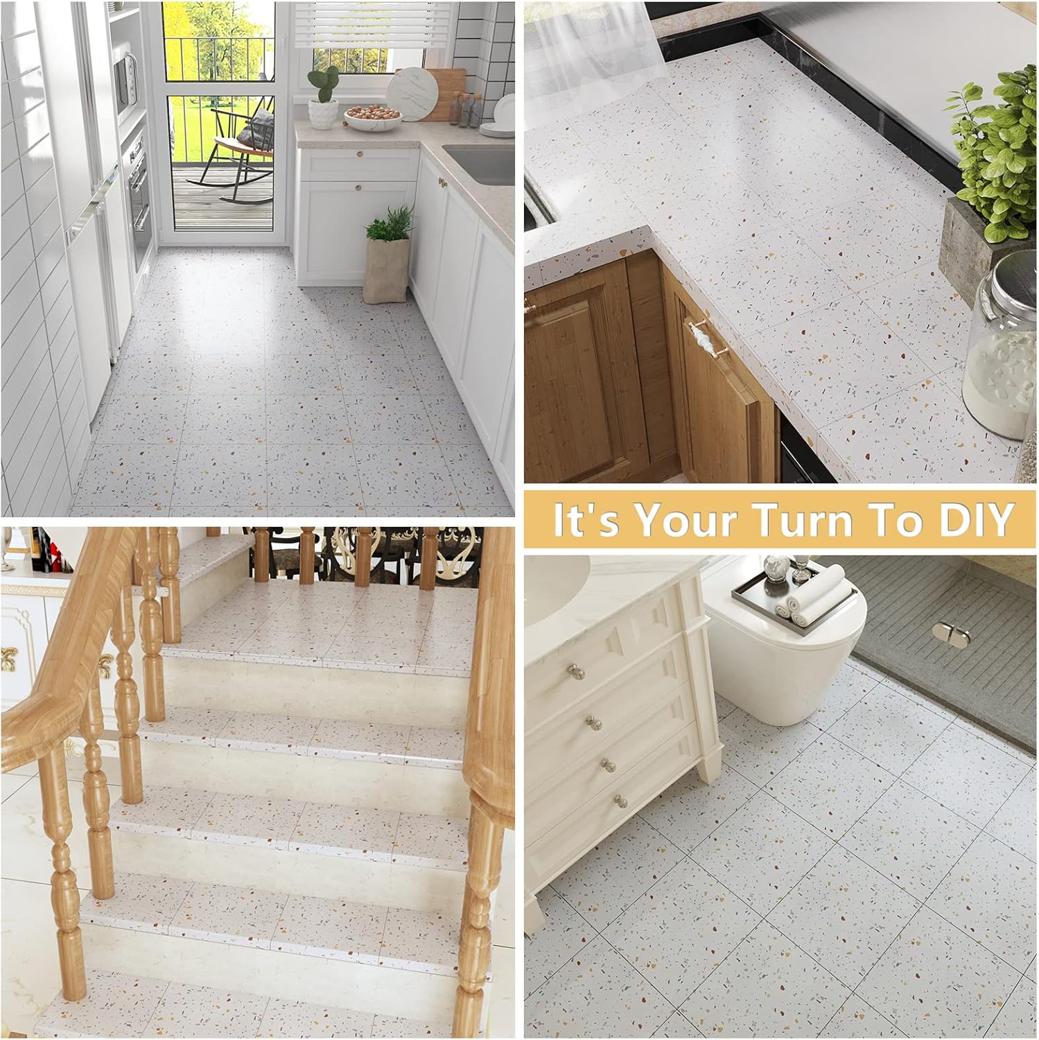 VEELIKE White Vinyl Flooring Peel and Stick Floor Tiles Terrazzo Tile Stickers Waterproof Kitchen Flooring Self Adhesive Floor Planks Bathroom Flooring Vinyl Living Room Non-Slip 30cm x 30cm 24 Pieces-4