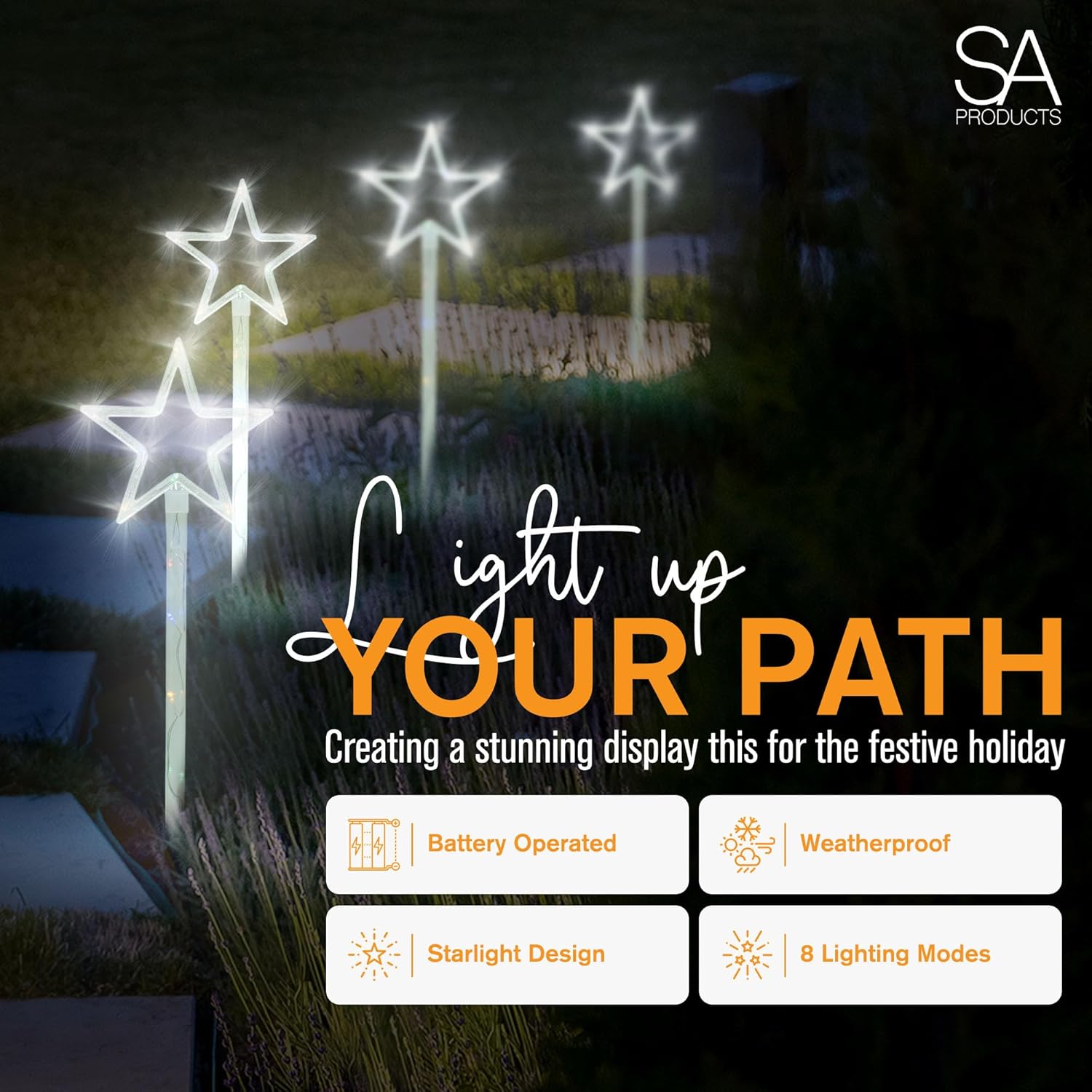 SA Products 4 Pack Star Path Light | Battery Operated 60 LED Lights | Stakes Garden Lights with 8 Modes Function for Outdoor Fairy Home Decor and Christmas Gifts (White)-2