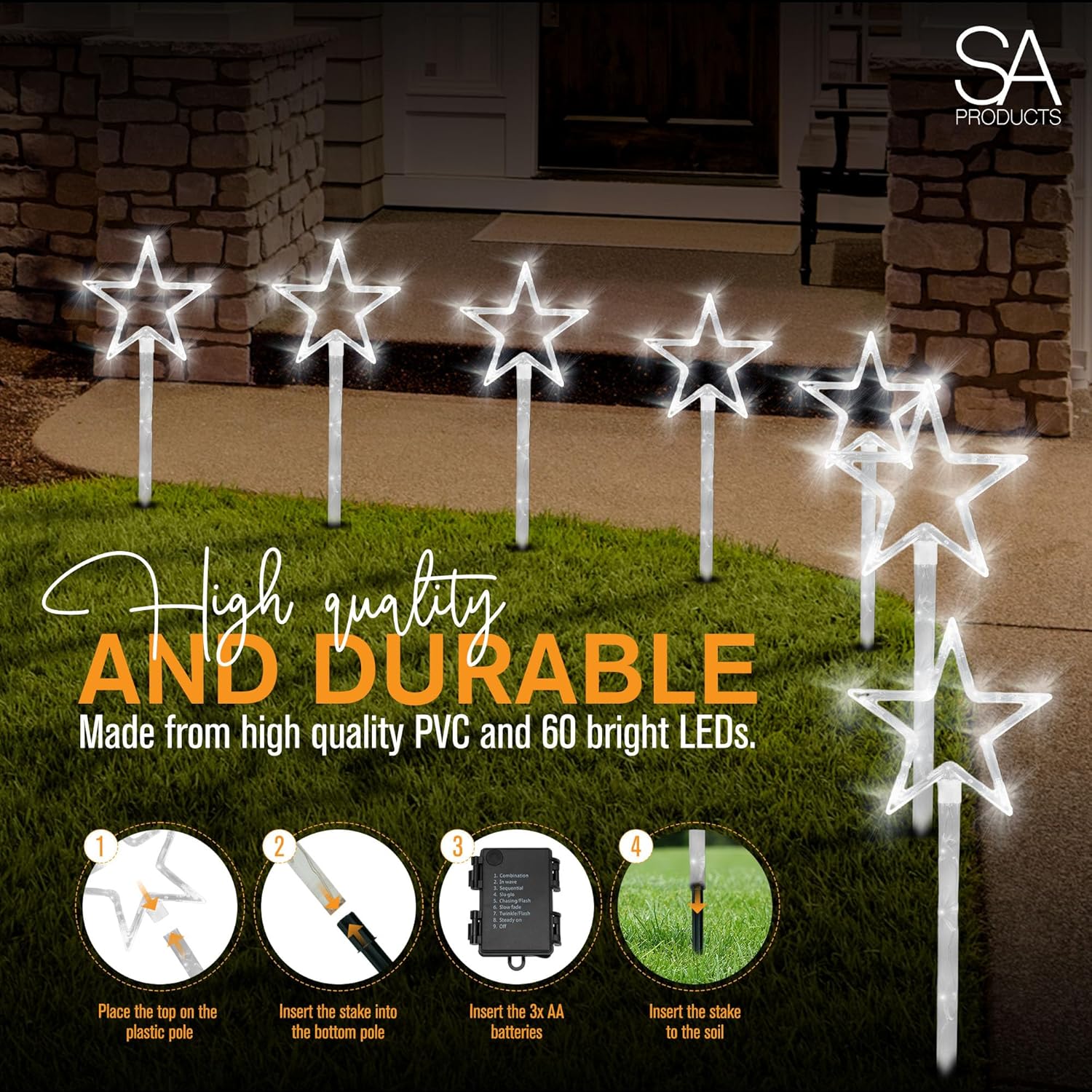 SA Products 4 Pack Star Path Light | Battery Operated 60 LED Lights | Stakes Garden Lights with 8 Modes Function for Outdoor Fairy Home Decor and Christmas Gifts (White)-4