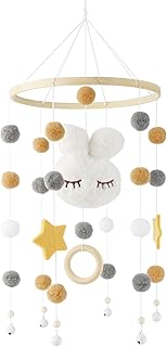 Baby Crib Mobile, Baby Mobile Crib Bunny Mobile, Wind Chime Felt Ball Made of Bamboo, Newborn Nursery Hanging Bed Bell Wood Ornament Infant Room Decoration Gift