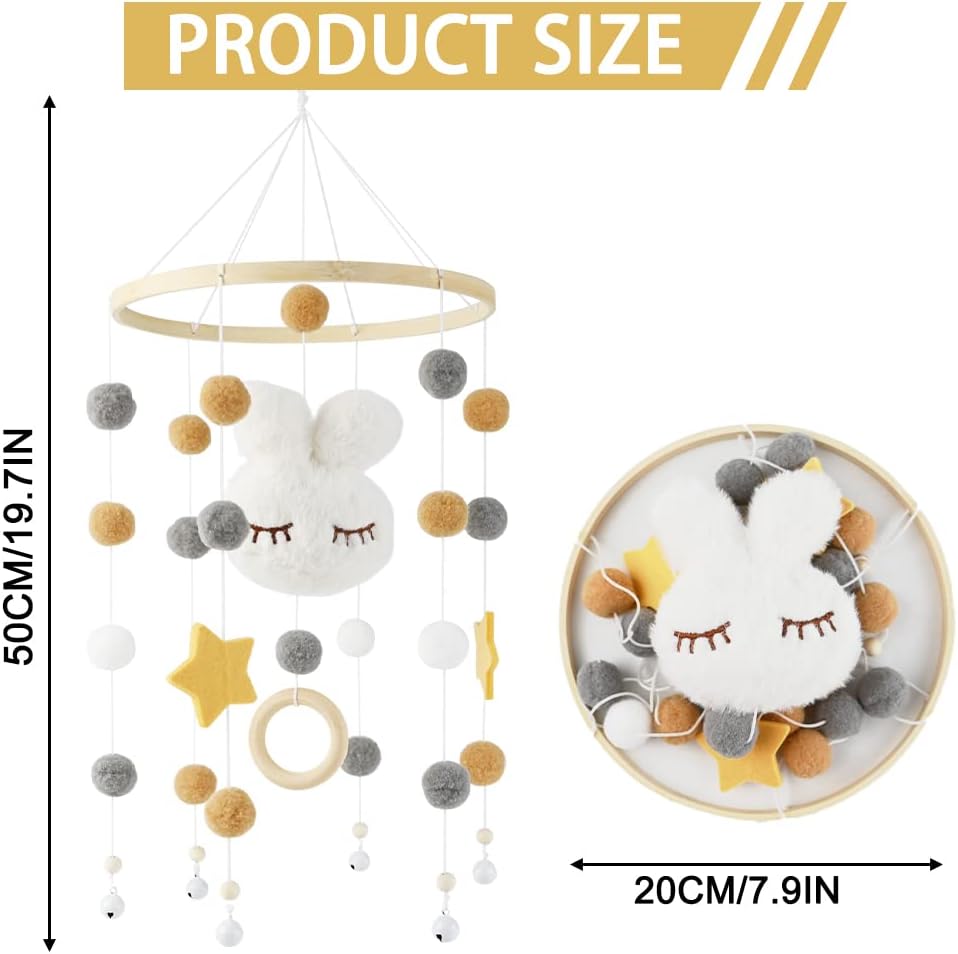 Baby Crib Mobile, Baby Mobile Crib Bunny Mobile, Wind Chime Felt Ball Made of Bamboo, Newborn Nursery Hanging Bed Bell Wood Ornament Infant Room Decoration Gift-1