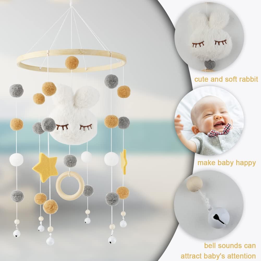 Baby Crib Mobile, Baby Mobile Crib Bunny Mobile, Wind Chime Felt Ball Made of Bamboo, Newborn Nursery Hanging Bed Bell Wood Ornament Infant Room Decoration Gift-2