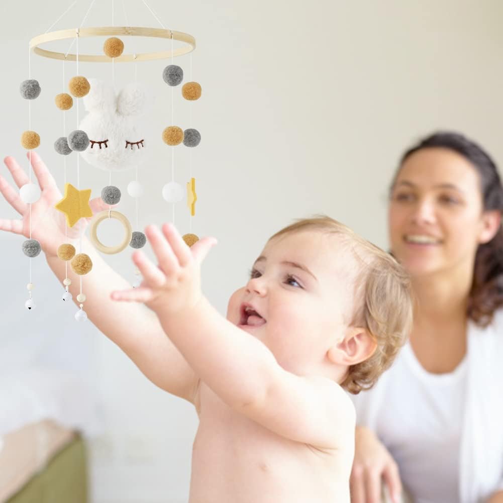 Baby Crib Mobile, Baby Mobile Crib Bunny Mobile, Wind Chime Felt Ball Made of Bamboo, Newborn Nursery Hanging Bed Bell Wood Ornament Infant Room Decoration Gift-4