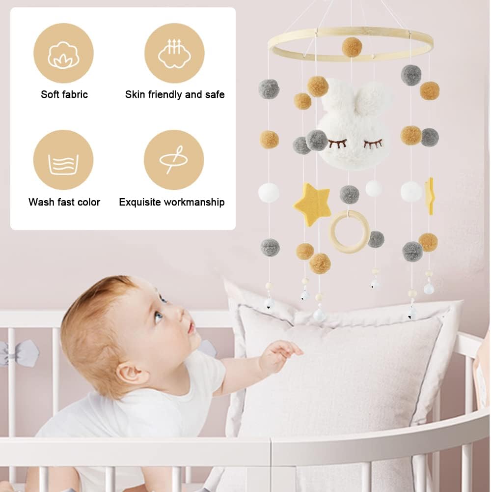 Baby Crib Mobile, Baby Mobile Crib Bunny Mobile, Wind Chime Felt Ball Made of Bamboo, Newborn Nursery Hanging Bed Bell Wood Ornament Infant Room Decoration Gift-6