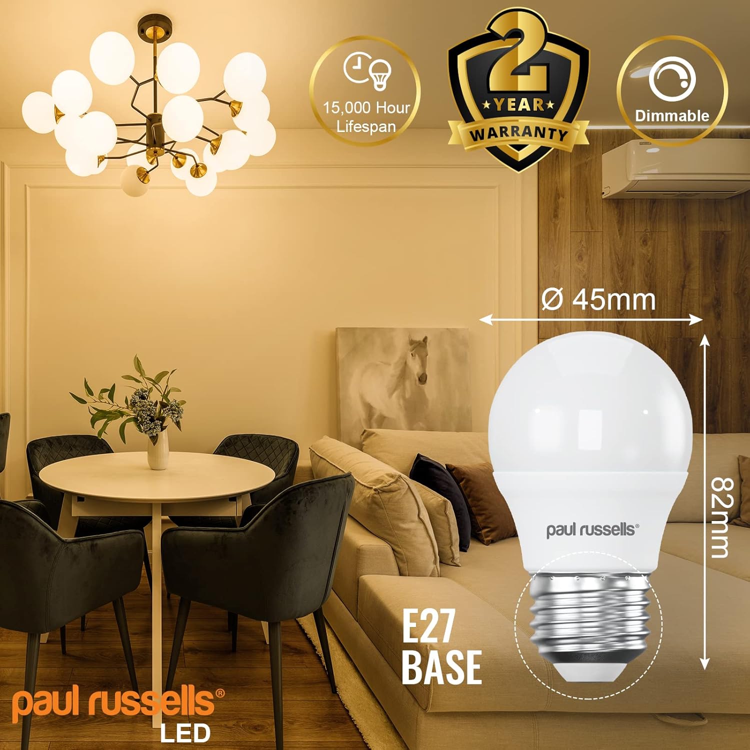 paul russells LED Golf Ball – Dimmable Edison Screw Light Bulbs, 5.5W 470LM E27 G45 LED Bulbs, 40w Equivalent, 2700K Warm White, Dimmer ES Energy Saving Ceiling Lights, Pack of 2-4