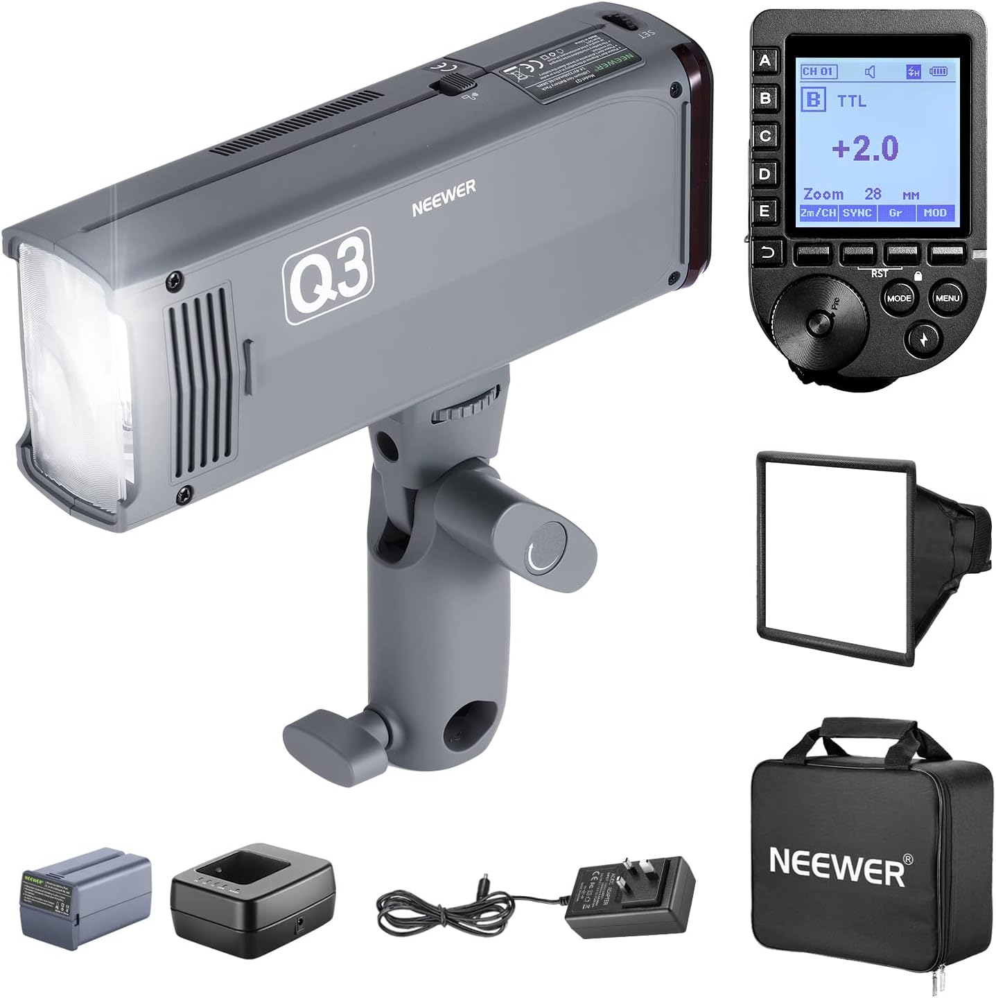 NEEWER Q3 200Ws 2.4G TTL Flash (2nd Version), 1/8000 HSS Strobe Light Photography Monolight with QPRO-C Trigger Compatible with Canon, Diffuser/3200mAh Battery/500 Full Power Pops/Recycle in 0.01-1.8s-0