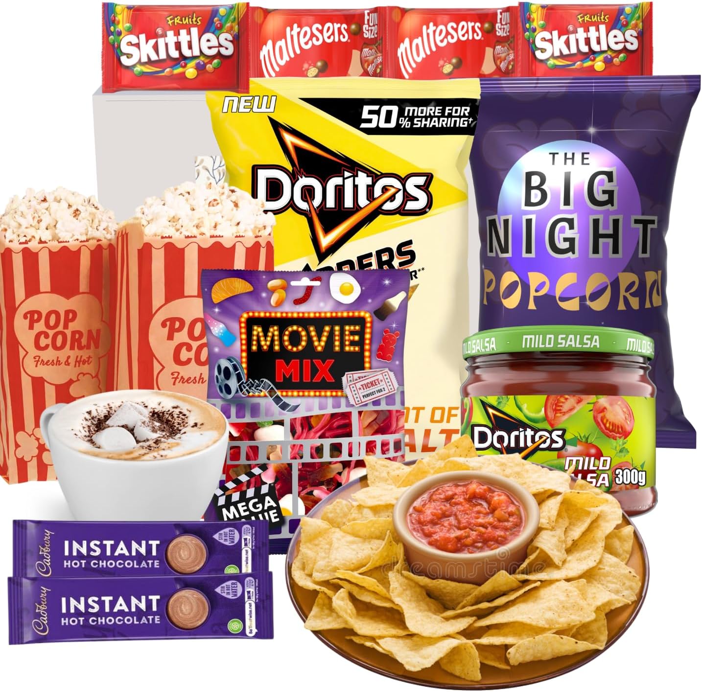 Movie Night Hamper Gift Set - Sweets Gift Box Food Hamper With Popcorn, Sweets, Maltesers Chocolate And Nachos With Salsa - Gift Hamper Christmas Hampers Gift Baskets (Popcorn)-0