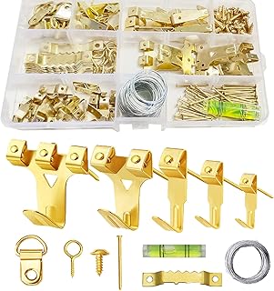 162Pcs Heavy Duty Picture Hooks for Hard Walls-Picture Hanging Kit with Wire,Sawtooth, D-Ring, Nails with Screws for Mirrors, Picture Frames ,Decor & Paintings (Gold)