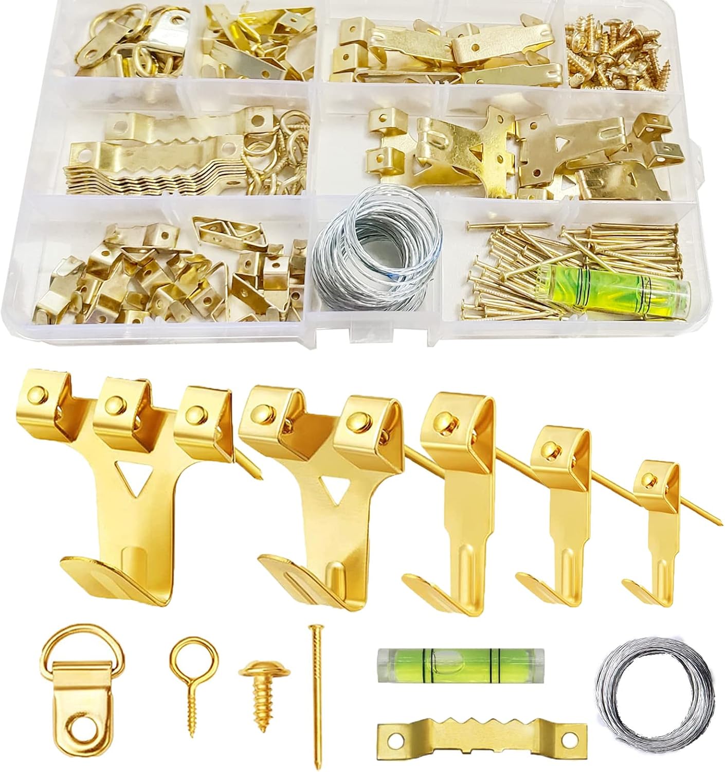 162Pcs Heavy Duty Picture Hooks for Hard Walls-Picture Hanging Kit with Wire,Sawtooth, D-Ring, Nails with Screws for Mirrors, Picture Frames ,Decor & Paintings (Gold)-0