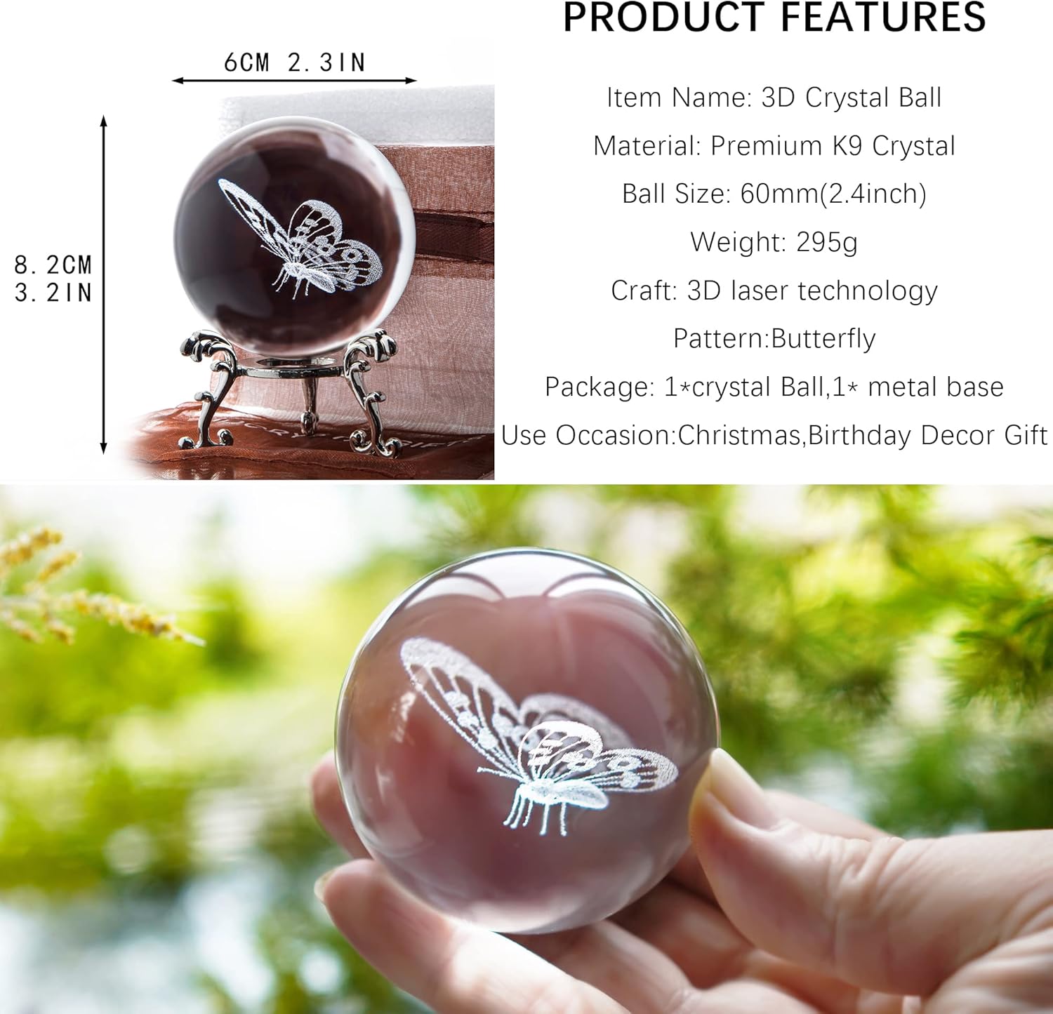 HDCRYSTALGIFTS 3D Laser Butterfly Crystal Ball Paperweight Glass Sphere Figurines Decorative Balls Gift (60mm)-2