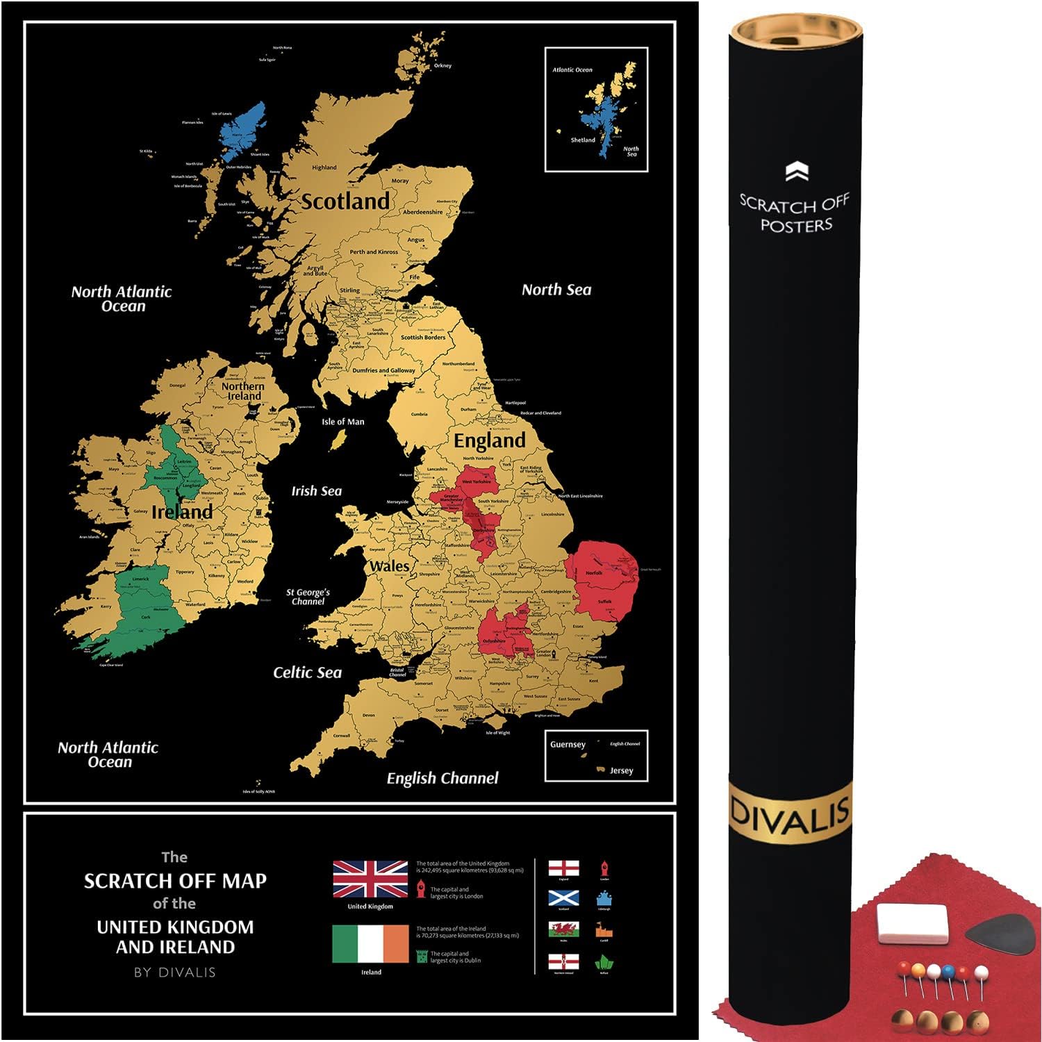 Great Britain Scratch off Map - Large United Kingdom Scratchable Poster 24x16" - UK Places Ive Been - Travel UK Map - Laminated Black and Gold Poster - England Erasable Map-0