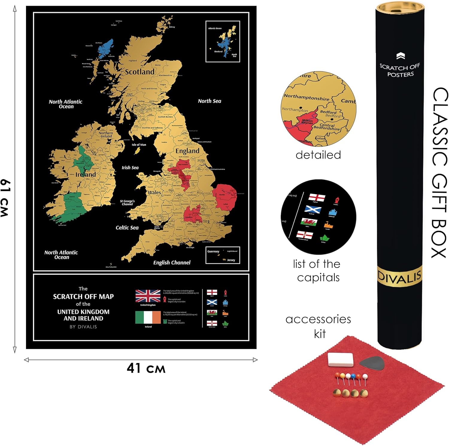 Great Britain Scratch off Map - Large United Kingdom Scratchable Poster 24x16" - UK Places Ive Been - Travel UK Map - Laminated Black and Gold Poster - England Erasable Map-2