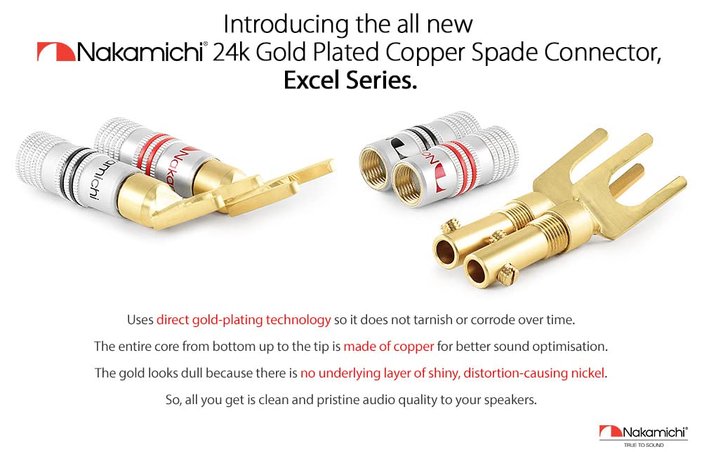 Nakamichi Excel Series 24k Gold Plated Banana Plug 12 AWG - 18 AWG Gauge Size 4mm for Speakers Amplifier Hi-Fi AV Stereo Home Theatre Audio Wire Cable Screw Connector 16 Pcs (8-Pairs), Spade Connector-1