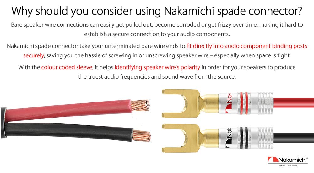 Nakamichi Excel Series 24k Gold Plated Banana Plug 12 AWG - 18 AWG Gauge Size 4mm for Speakers Amplifier Hi-Fi AV Stereo Home Theatre Audio Wire Cable Screw Connector 16 Pcs (8-Pairs), Spade Connector-2