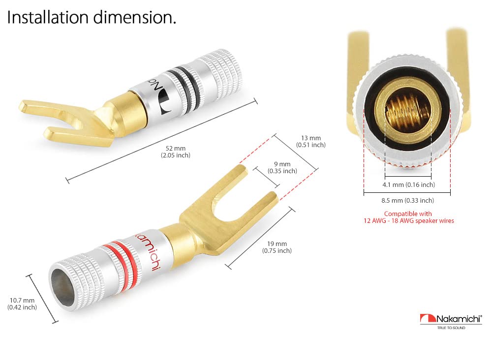 Nakamichi Excel Series 24k Gold Plated Banana Plug 12 AWG - 18 AWG Gauge Size 4mm for Speakers Amplifier Hi-Fi AV Stereo Home Theatre Audio Wire Cable Screw Connector 16 Pcs (8-Pairs), Spade Connector-5