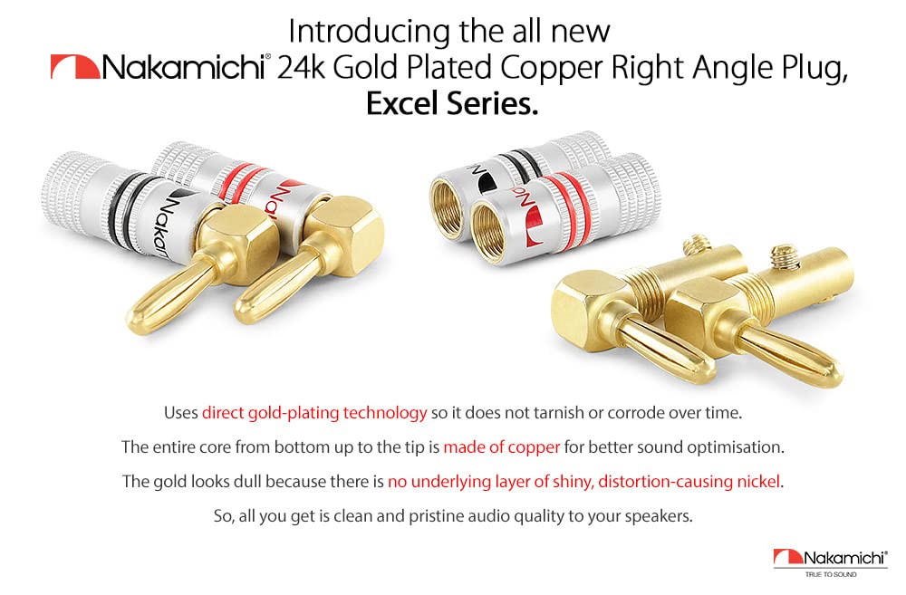 Nakamichi Excel Series 24k Gold Plated Banana Plug 12 AWG - 18 AWG Gauge Size 4mm Speakers Amplifier Hi-Fi AV Stereo Home Theatre Audio Wire Cable Screw Connector 20 Pcs (10-Pairs) Right Angle Plug-1