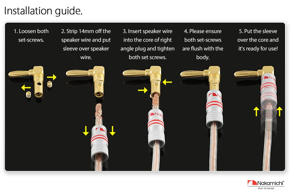 Nakamichi Excel Series 24k Gold Plated Banana Plug 12 AWG - 18 AWG Gauge Size 4mm Speakers Amplifier Hi-Fi AV Stereo Home Theatre Audio Wire Cable Screw Connector 20 Pcs (10-Pairs) Right Angle Plug-4