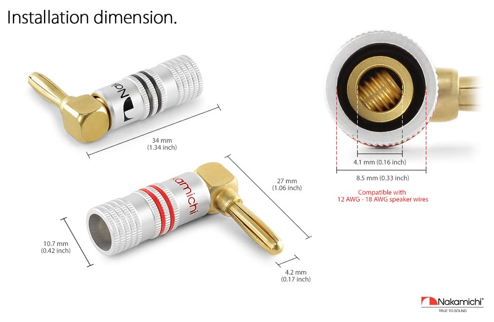 Nakamichi Excel Series 24k Gold Plated Banana Plug 12 AWG - 18 AWG Gauge Size 4mm Speakers Amplifier Hi-Fi AV Stereo Home Theatre Audio Wire Cable Screw Connector 20 Pcs (10-Pairs) Right Angle Plug-5