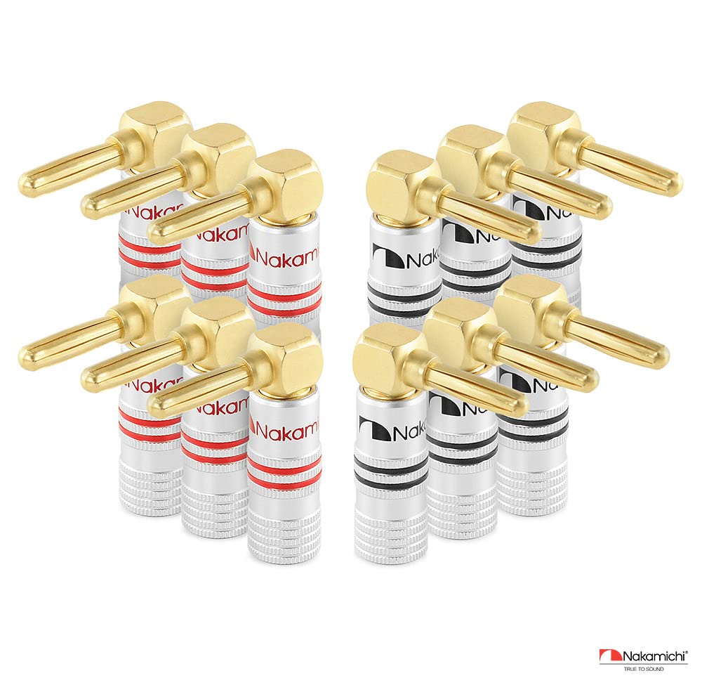 Nakamichi Excel Series 24k Gold Plated Banana Plug 12 AWG - 18 AWG Gauge Size 4mm Speakers Amplifier Hi-Fi AV Stereo Home Theatre Audio Wire Cable Screw Connector 20 Pcs (10-Pairs) Right Angle Plug-8