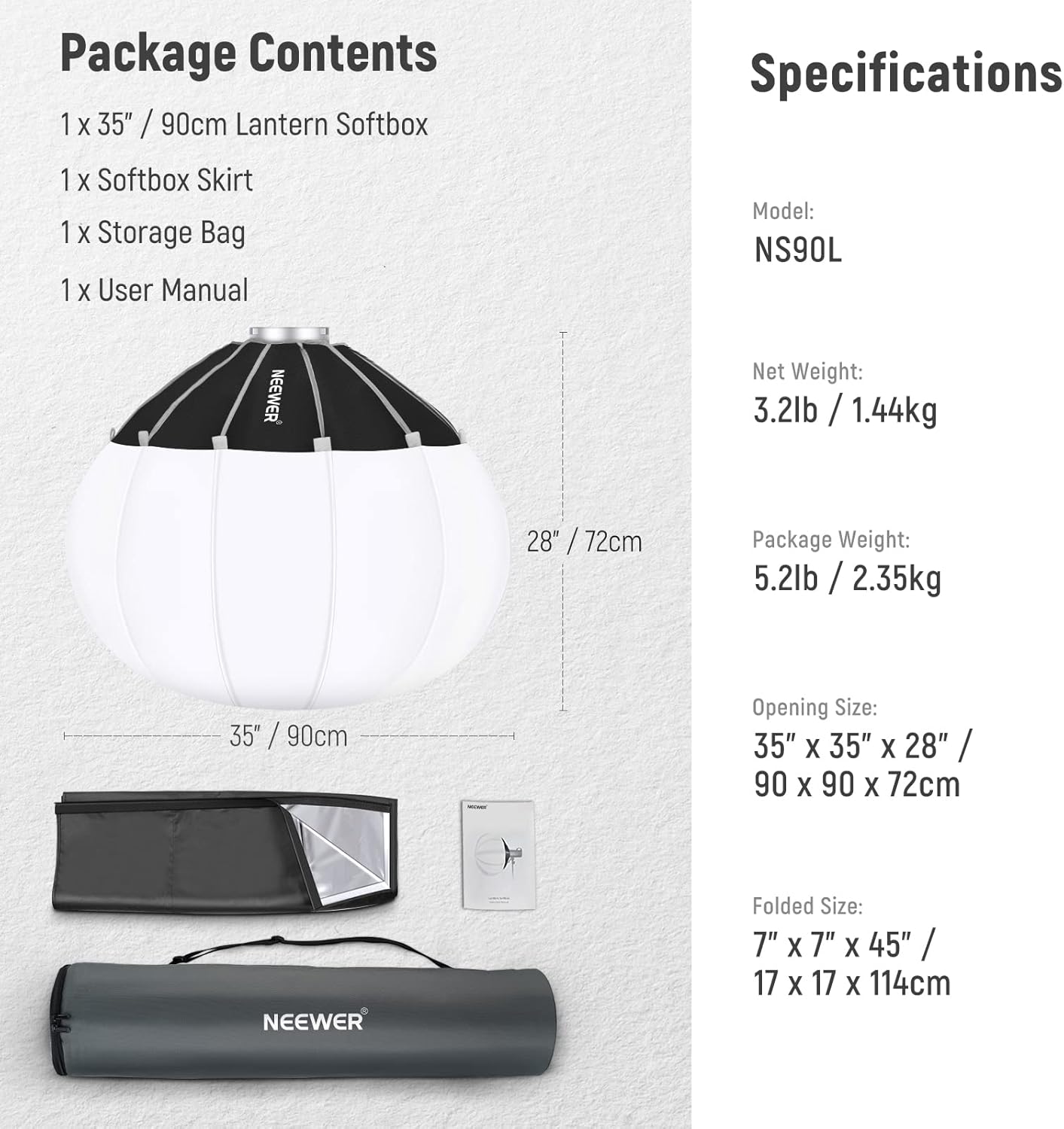 NEEWER 35"/90cm Lantern Softbox One Step Quick Release, 360° Light Diffuser with Skirt, Bowens Mount for Video Light CB60 CB100 CB150 Compatible with Aputure Light 600d Amaran 60x Godox SL60W, NS90L-7