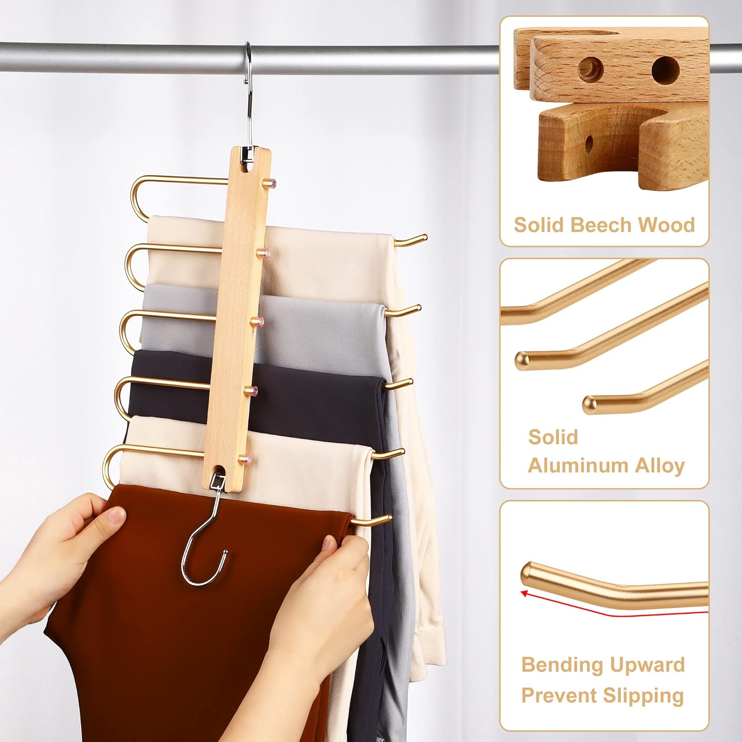 Trouser Hangers, Trouser Hangers Space Saving, 2 PACK, Aluminum Alloy and Solid Beech Wood, Golden-1