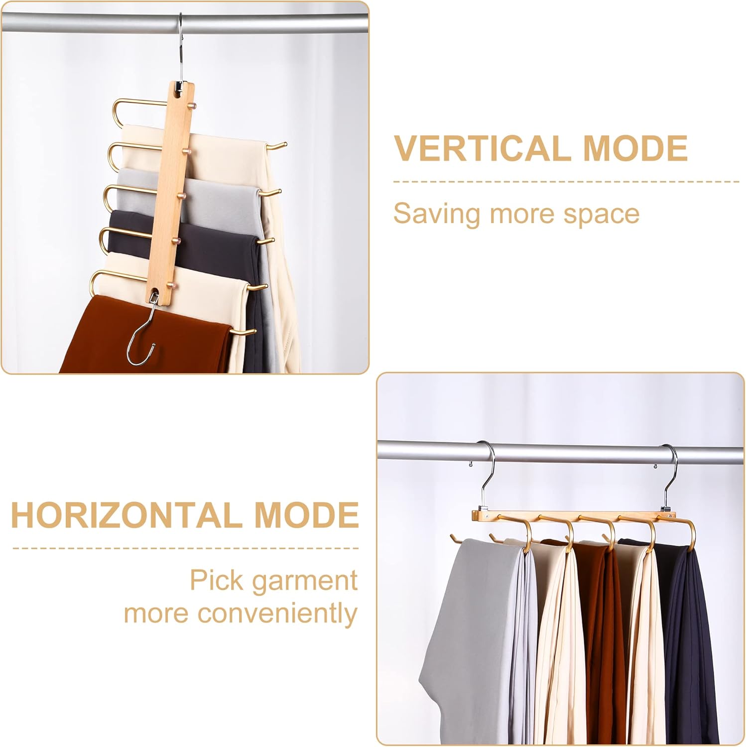 Trouser Hangers, Trouser Hangers Space Saving, 2 PACK, Aluminum Alloy and Solid Beech Wood, Golden-2